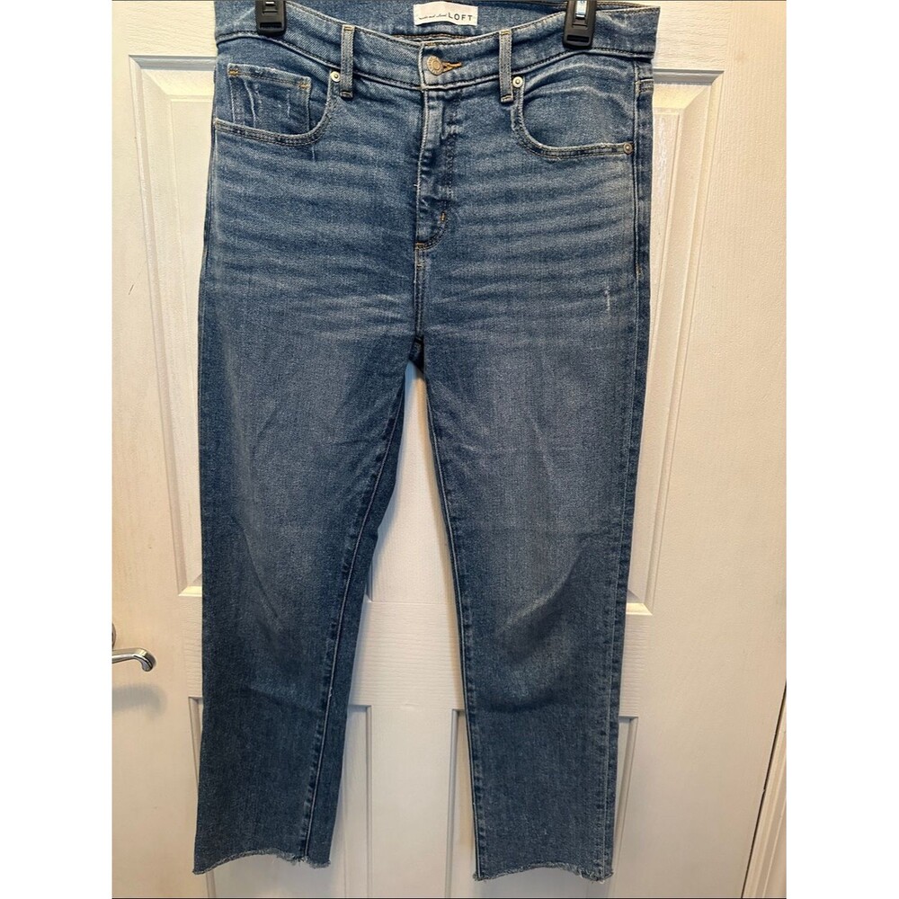 LOFT Cropped Raw Hem Slim Jeans in Medium Blue Wash Size 28 (6)